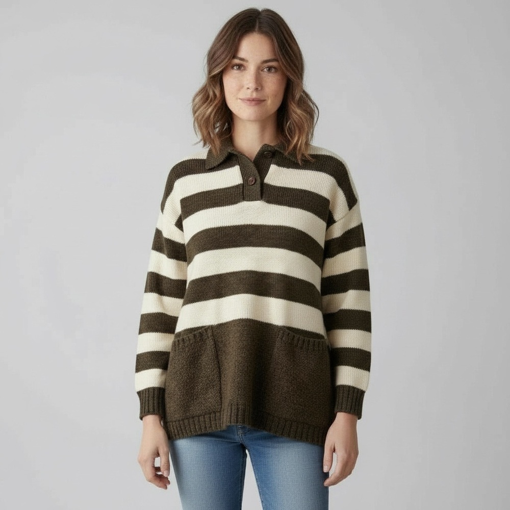Vintage 100% Wool Olive Green Striped Collared Sweater with Pockets
